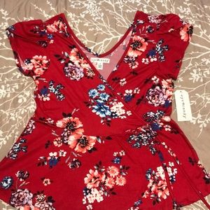 Red Floral Cap Sleeve Shirt